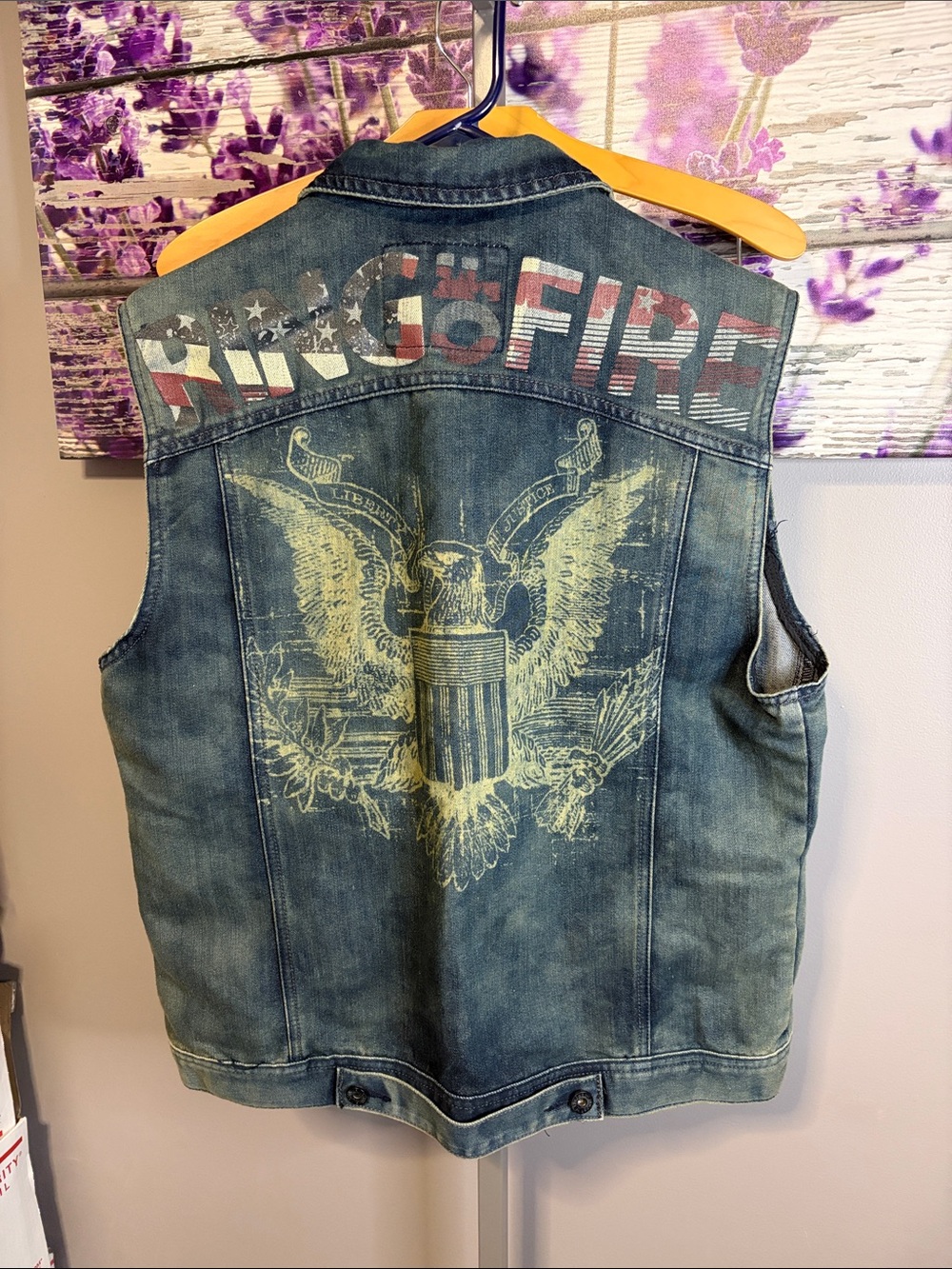 Ring of Fire Denim Motorcycle Vest with flag and Eagle motif Size L